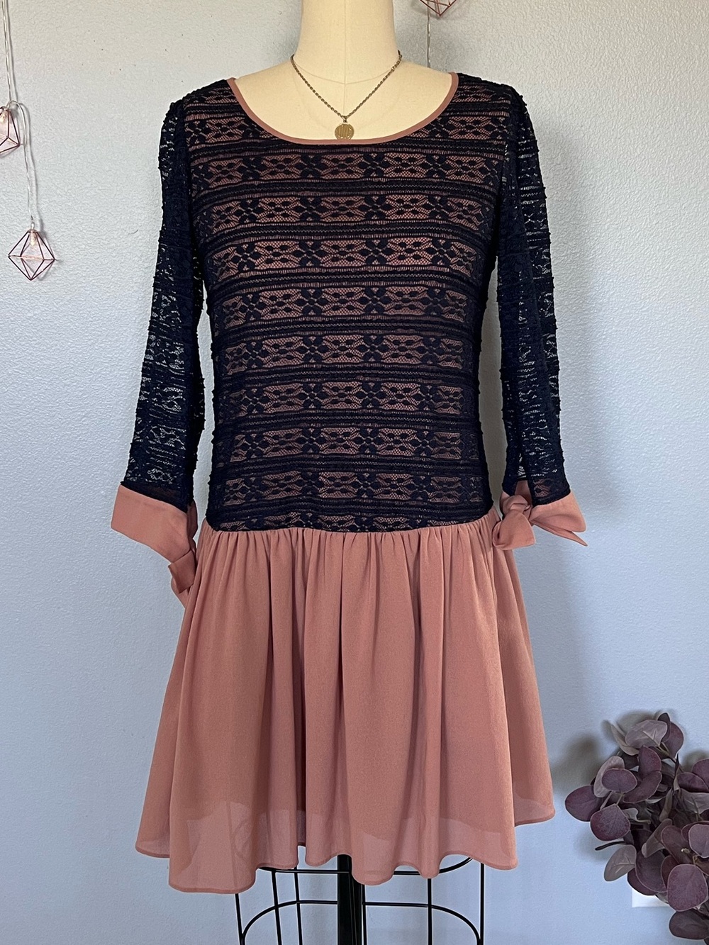 Navy Lace Bodice with Dusty Rose Chiffon Skirt Long-Sleeve Dress